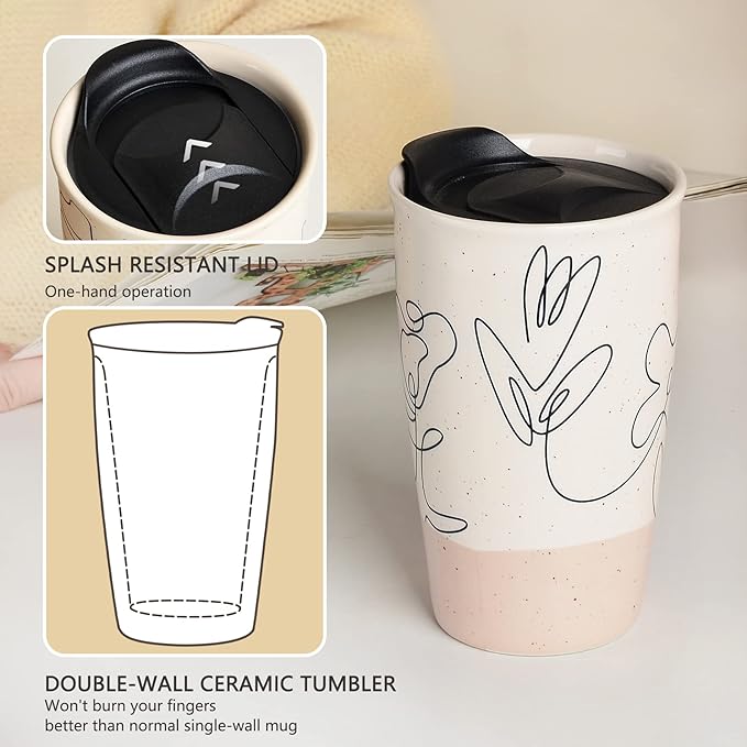 ANTIS'S HOME Ceramic Coffee Mug with Lid, Flower Pattern Double Wall Coffee Travel Mug Ceramic Tumbler 9.64oz, Reusable Tall Cup, Splash Resistant Lid, Dishwasher Microwaveable Safe