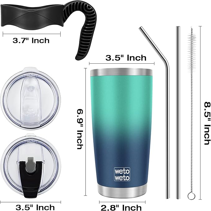 WETOWETO 20oz Insulated Stainless Steel Tumbler, Coffee Mug with 2 Lids and 2 Straws, Vacuum Sealed, Leak-Proof for Travel (Green-Blue Gradient, 1 Pack)