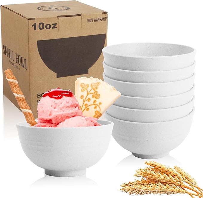 Wrova Handy Wheat Straw Bowls Set of 6,Unbreakable Ice-Cream Bowls Sets for Kids,10oz Small Dessert Bowls for Kitchen,Camping and RV.White Series