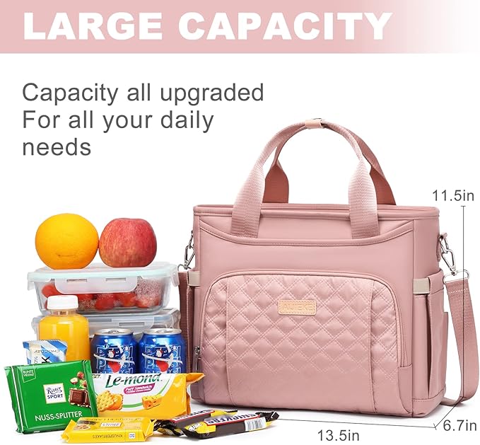 AIJIEKE Insulated Lunch Bag for Women, Lunch Box, Lunch Tote for Work, Large Leak Proof Cooler Bag with Removable Strap, Reusable Adult Lunchbag, Picnic, Office, Beach, Pink