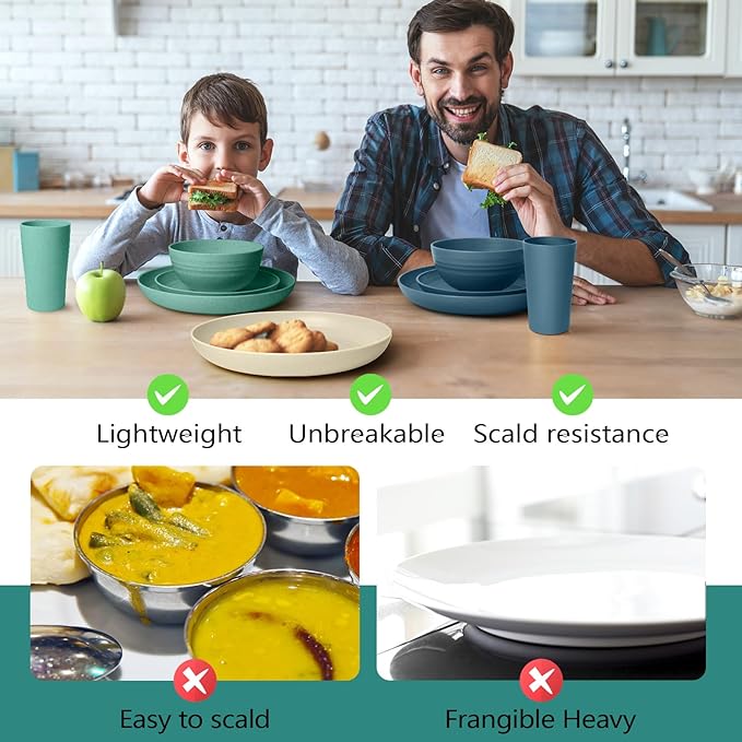 Teivio 32-Piece Kitchen Plastic Wheat Straw Dinnerware Set, Service for 8, Dinner Plates, Dessert Plate, Cereal Bowls, Cups for Everyday Dining, Unbreakable Plastic Outdoor Camping Dishes, Colorful