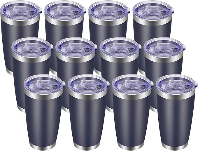 VEGOND 20oz Tumbler with Lid and Straw Stainless Steel Tumbler Cup Bulk Vacuum Insulated Double Wall Travel Coffee Mug Powder Coated Coffee Cup(Navy Blue 12 Pack