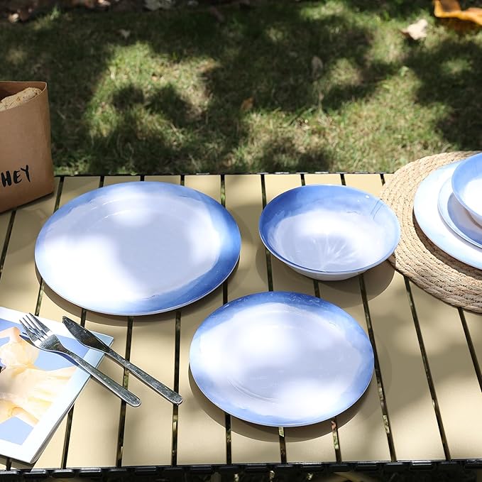 Melamine Dinnerware Sets- 12pcs Melamine Plates and Bowls Set for 4, Suitable for Indoor and Outdoor Use, Blue