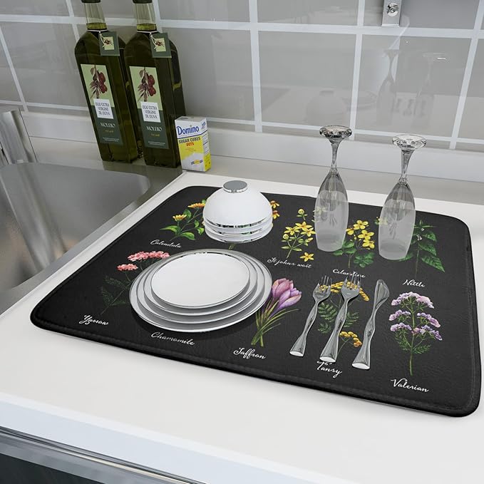 Black Flower Herbs Dish Drying Mat 18x24 Inch Botanical Floral Microfiber Drying Mats with Hanging Loop Foldable Absorbent Dish Drainer Rack Pad