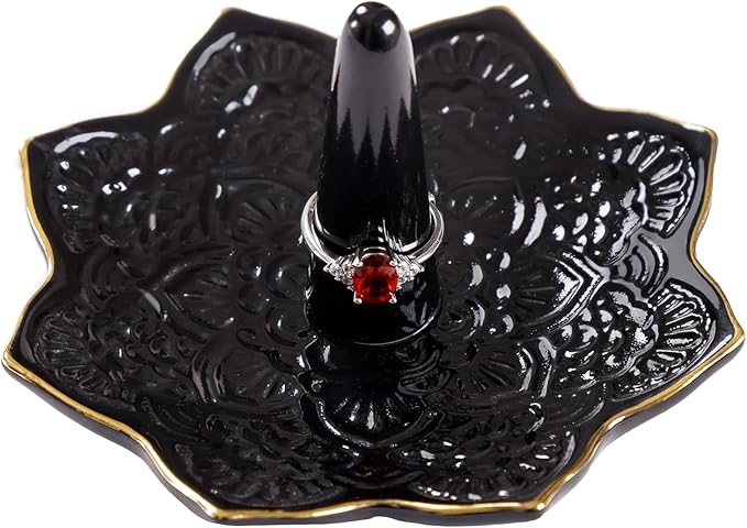 Ceramic Mandala Ring Holder, Decorative Jewelry Dish, Trinket Tray Room Decor, Engagement Wedding Birthday Gifts for Women (Black)