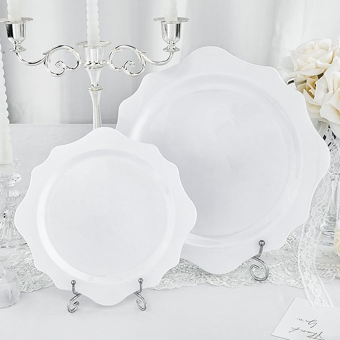 100 PCS White Disposable Plates for 50 Guests, Scalloped Plastic Plates Include 50 Dinner Plates and 50 Dessert Plates for Party, Wedding