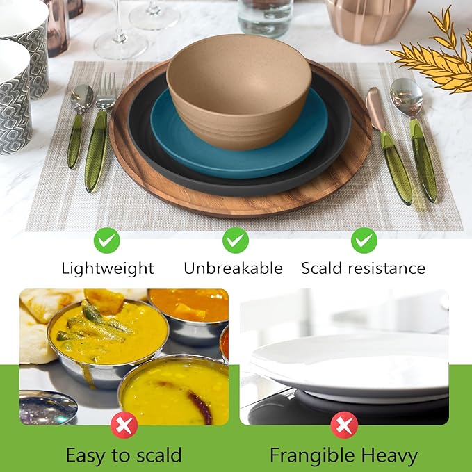 Teivio 32-Piece Kitchen Plastic Wheat Straw Dinnerware Set, Service for 8, Dinner Plates, Dessert Plate, Cereal Bowls, Cups, Unbreakable Colorful Plastic Outdoor Camping Dishes, Cerulean Hues