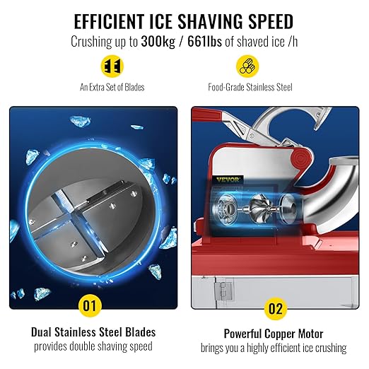 VEVOR 110V Commercial Ice Crusher 661LBS/H, ETL Approved 300W Electric Snow Cone Machine with Dual Blades, Stainless Steel Shaved Ice Machine with Safety On/Off Switch for Family, Restaurants, Bars