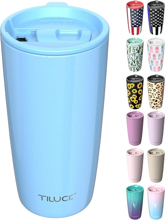 TILUCK 20 oz Tumbler with Leak-Proof Lid, Vacuum Insulated Stainless Steel Coffee Mug, Double-Walled Travel Tumbler for Hot and Cold Drinks(GlitterBlue, 20oz)