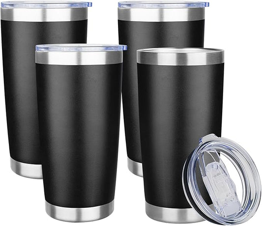 20oz Tumbler with Lid Stainless Steel Insulated Tumblers Travel Coffee Tumbler Bulk Double Wall Vacuum Insulated Water Cup Christmas Gifts for Women Men Her Him Home Office (Black, 4pack)
