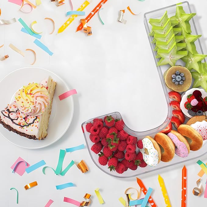 11" Acrylic Letter Charcuterie Box, Reusable Fillable Alphabet Number Shaped Form Tray for Birthday Anniversaries, Party Decorative Serving Plates Display Candy Cake (J)