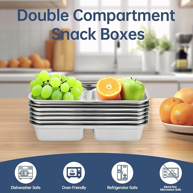Stainless Steel Snack Containers, 2 PCS Grab and Go Double Compartment Container, Reusable Snack Containers with Lids for Outdoor Camping Food Storage
