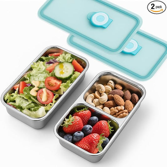 2Pcs Stainless Steel Snack Containers - Reusable Double Compartment Condiment Box with Lids for Kids Adults, Grab and Go Divided Snack Food Lunch Storage Containers Sauce Cups for School, Travel