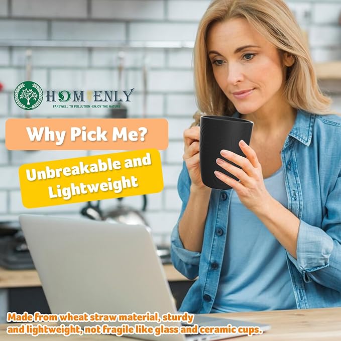 Homienly Wheat Straw Cups 8 PCS Plastic Cups Unbreakable Drinking Cup Reusable Dishwasher Safe Water Glasses with Black Colors (12 OZ)