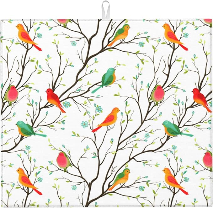 Birds on Tree Dish Drying Mat for Kitchen Counter Washable Absorbent Reversible Microfiber Cute Birds Drying Pad Kitchen Accessories 16x18 Inch