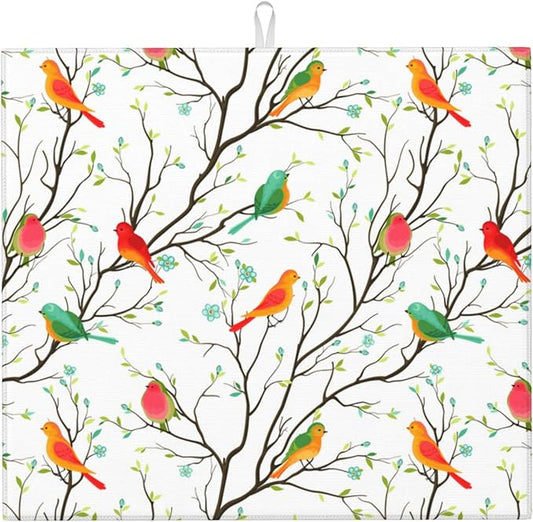 Birds on Tree Dish Drying Mat for Kitchen Counter Washable Absorbent Reversible Microfiber Cute Birds Drying Pad Kitchen Accessories 16x18 Inch