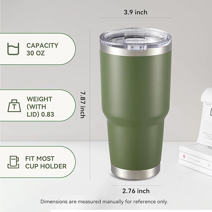30 oz Tumbler with Lid Stainless Steel Tumblers Bulk Vacuum Insulated Cup Reusable Powder Coated Travel Mug Double Wall Leak Proof Cups Keep Cold Drinks for 12 Hours Army Green, Set of 8