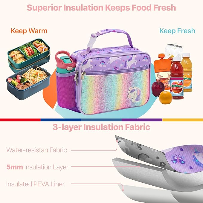 Bagseri Lunch Bag for Girls - Kids Lunch Box for Girls Reusable Leak-Proof and Insulated Kids Lunch Bag Toddler Lunch Box for Daycare and School, Glitter Purple Unicorn (Water Bottle Not Included)