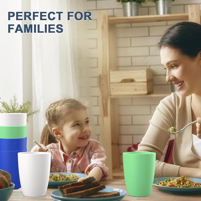 Wrova unbreakable wheat straw cups 20oz set of 6 with textured pattern anti slipping,big plastic drinkings cups microwave safe and dishwahser safe.White-Green-Blue