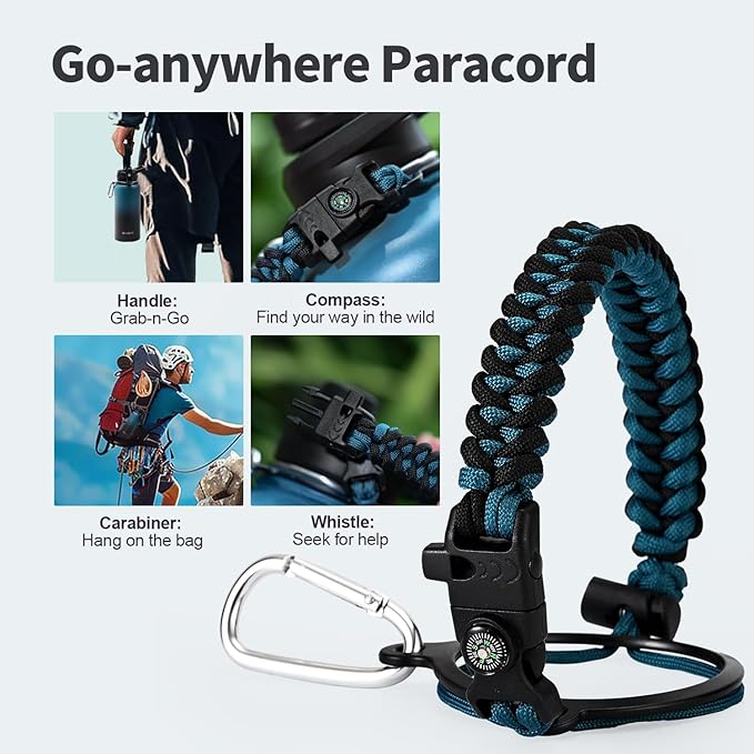 32 oz Insulated Water Bottle with Straw (Cold for 48 Hrs), Stainless Steel Triple Wall Vacuum Sports Water Jug, Leakproof Hydro Cup Flask with Paracord Handle & Straw Spout Lids & DIY Stickers