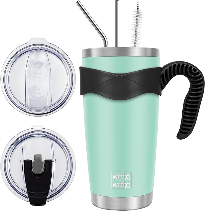 WETOWETO 20oz Tumbler with 2 lids and 2 straws, Stainless Steel Vacuum Insulated Water Coffee Tumbler Cup with Handle, Double Wall Powder Coated Travel Mug Thermal Cup (Light Green, 1 Pack)