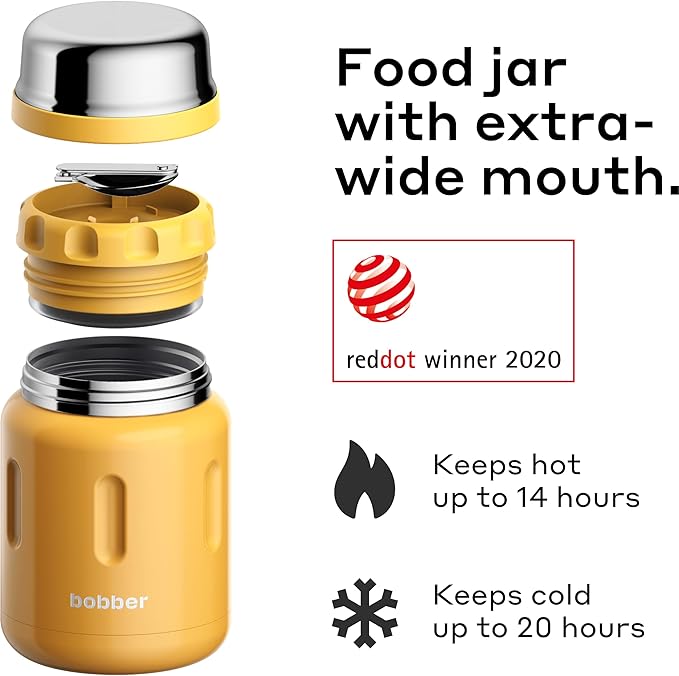 BOBBER 24 oz Insulated Stainless Steel Food Jar with Extra-Wide Mouth, Built-in Spoon & Bowl - Keeps Hot for 14 Hours and Cold for 20 Hours - Leakproof Lunch Thermos for Adults (Orange)