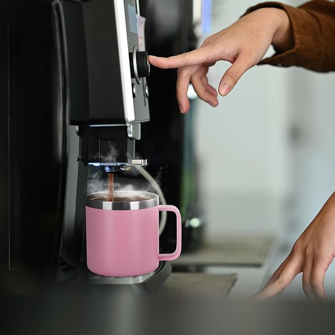 VEGOND 14 oz Insulated Coffee Mug Bulk with Handle, Stainless Steel Travel Coffee Mug with Lid, Double Wall Vacuum Metal Coffee Cup, Coffee Tumbler Powder Coated, Pink 4 Pack