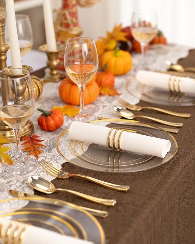 bUCLA 150Pcs Clear Gold Plastic Dinnerware Set - Clear and Gold Disposable Plates Include 25 Dinner / 25 Dessert Plates,25 Knives,25 Forks,25 Spoons,25 Cups for Party, Fall & Thanksgiving