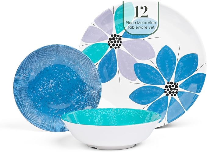 Larder & Vine 12-Piece Melamine Dinnerware Set: Durable, Lightweight, Break-Resistant Plates & Bowls – Stylish, Non-Toxic, Dishwasher Safe – Ideal for Everyday Use, Indoor & Outdoor Dining – Floral