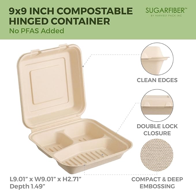 [200 COUNT]Sugarfiber by Harvest Pack PFAS FREE 9 X 9" 3 Compartment Compostable Clamshell Takeout Food Containers, Heavy-Duty Hinged, Disposable Bagasse Eco-Friendly Natural Sugarcane to go Box