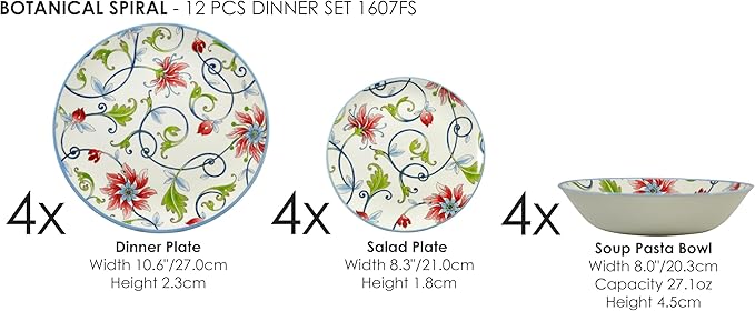 Tudor Royal 12-Piece Round Porcelain Dinnerware Set, Service for 4, Botanical Design, Summer Flowers, Plates Bowls Dishes, Glossy, Premium Quality Dish Set, Unique Pattern