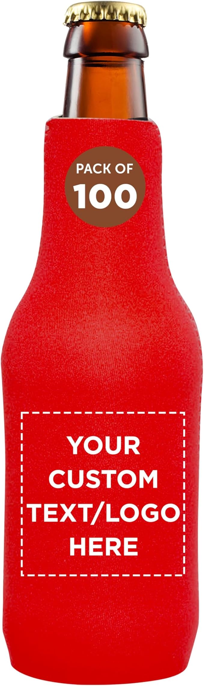 100 Neoprene Zippered Beer Bottle Coolies Pack - Customizable Text, Logo - Sharkskin Rubber Bottom - Red