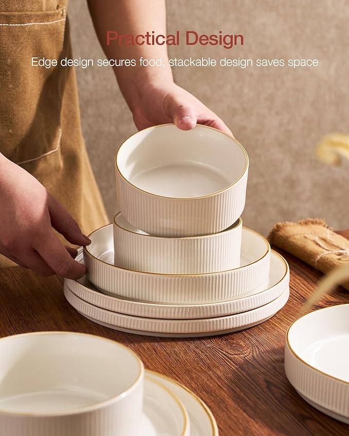 Famiware Star Dinnerware Set, Plates and Bowls Sets for 4 (12pcs), Ribbed Stoneware Dishes - Chip & Scratch Resistant, Microwave & Dishwasher Safe Tableware, White