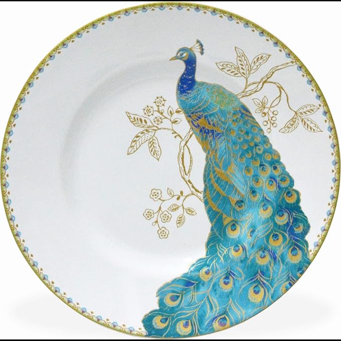 222 Fifth 16-Piece Porcelain Dinnerware Set for 4, Elegant Plates and Bowls Sets-White, Teal, Gold Ceramic Dishes, Chip Proof Kitchen and Dining Dish Set, Microwave & Dishwasher Safe, Peacock Garden