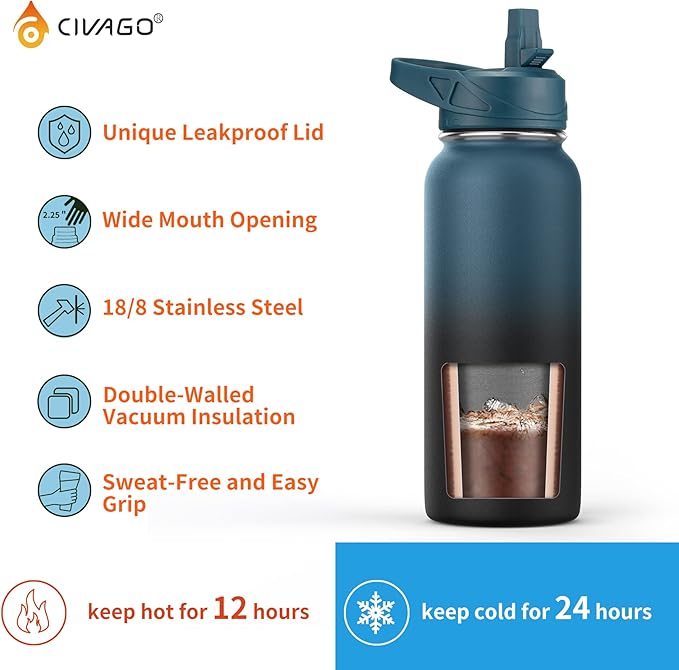 CIVAGO 32 oz Insulated Water Bottle With Straw, Stainless Steel Sports Water Cup Flask with 3 Lids (Straw, Spout and Handle Lid), Wide Mouth Travel Thermal Mug, Dark Night