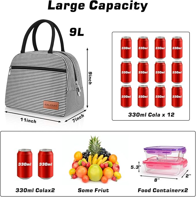 BALORAY Lunch Bag for Women Men Cute Reusable Insulated Lunch Box Large Capacity Lunch Tote Bag for Work, Picnic or Travel (Zipper Stripes)
