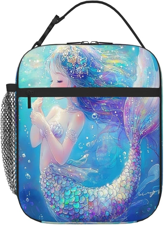 SUPLUCHOM Lunch Bag Mermaid Childish Blue Sea Insulated Bento Box Cooler with Side Pocket for Girl Boy Women Men Work School Picnic Hiking Daytrip