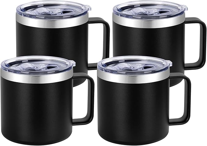 VEGOND 14 oz Insulated Stainless Steel Travel Coffee Mug with Handle, Black 4 Pack