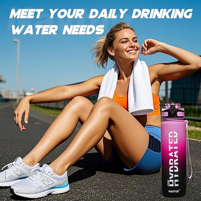 Water Bottle, 32oz Sports Water Bottles with Time Marker Wide Mouth, Motivational and Leakproof Drink Bottle, BPA Free Tritan with Carry Strap for Gym Fitness Outdoor (Direct Drink 1 Bottle)