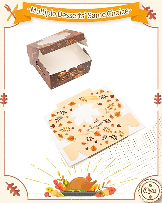 qiqee Thanksgiving Bakery Box with Window 36packs 6x6x3 Gold Leaves Cookie Boxes Pastry Box for Thanksgiving Day