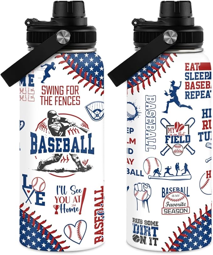 Baseball Water Bottle - 32oz Stainless Steel Insulated Sport Bottles with Lid - Gift for Men Baseball Lover Player Fan Coach