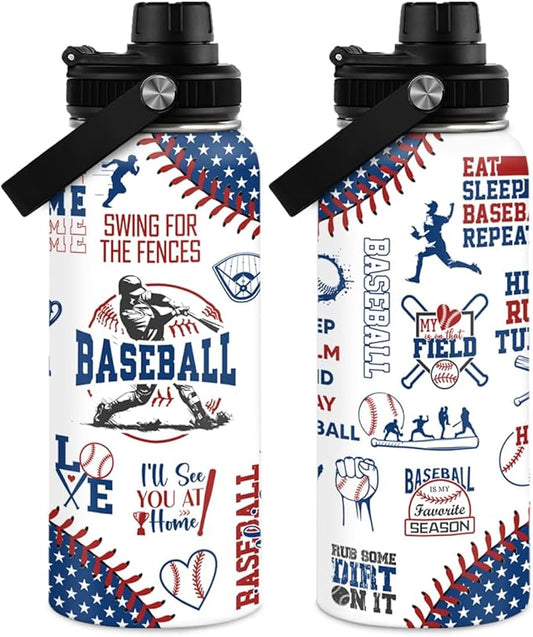 Baseball Water Bottle - 32oz Stainless Steel Insulated Sport Bottles with Lid - Gift for Men Baseball Lover Player Fan Coach