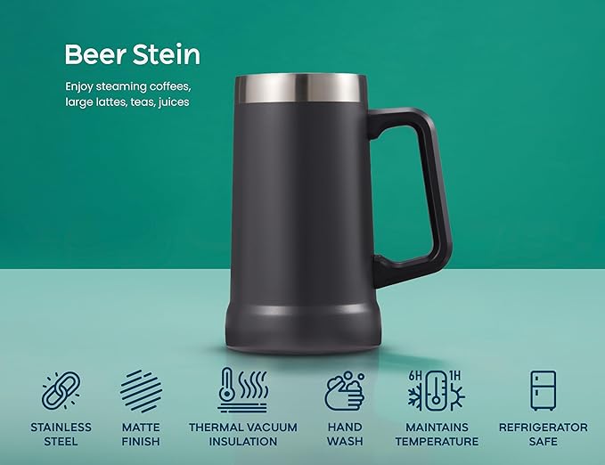 KooK Beer Stein, Stainless Steel Coffee Mug, Tumbler with Thermal Vacuum Insulation, Big Grip, Adventure, Double Walled Drinking Cup, Large Handle, Shatterproof, Storm Grey, 24 oz