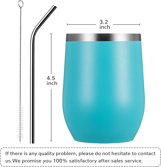 MEWAY 12oz/4 Pack Wine Tumbler Glasses with Lid - Stemless Double Wall Vacuum Stainless Steel Travel Tumbler - Keeping Cold & Hot for Wine,Coffee,Cocktails(Turquoise,Set of 4)