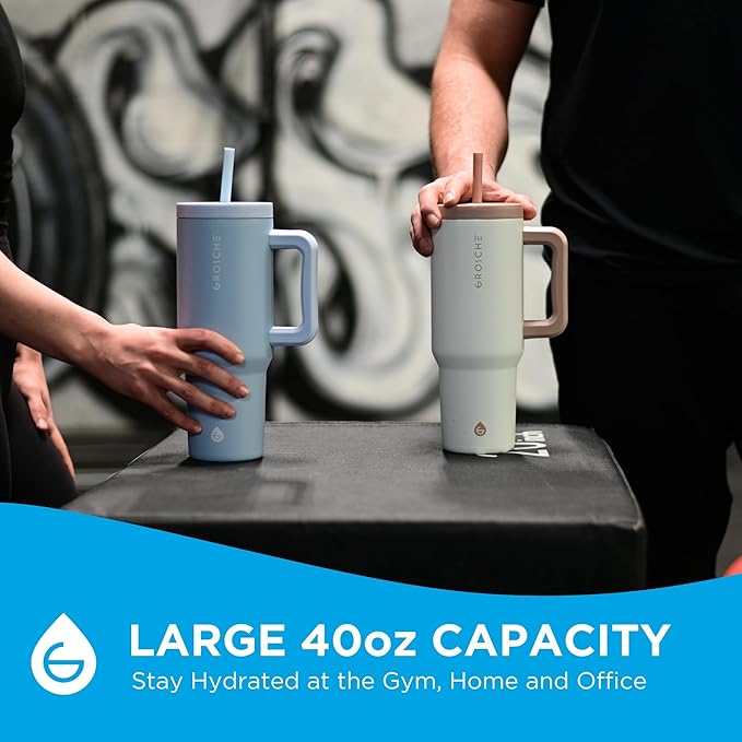 GROSCHE ASPEN 40 oz tumbler with handle and straw. Extreme insulation, classy design, built to last insulated stainless steel tumbler with handle, lid and straw - SLATE BLUE