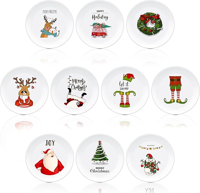 10 Pcs Christmas Reusable Melamine Dinner Plates 8 Inch Christmas Theme Round Plates Xmas Dishes Dinnerware Set for Salad Pasta Xmas Birthday Party Supplies Gifts (Stylish)