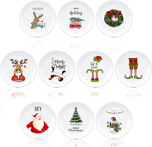10 Pcs Christmas Reusable Melamine Dinner Plates 8 Inch Christmas Theme Round Plates Xmas Dishes Dinnerware Set for Salad Pasta Xmas Birthday Party Supplies Gifts (Stylish)