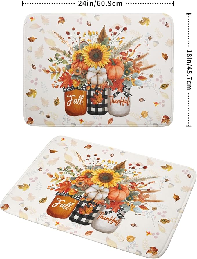 Autumn Pumpkin Dish Drying Mat 18x24 Inch Sunflower Flower Vase Washable Draining Mat with Hanging Loop Seasonal Holiday Home Decoration
