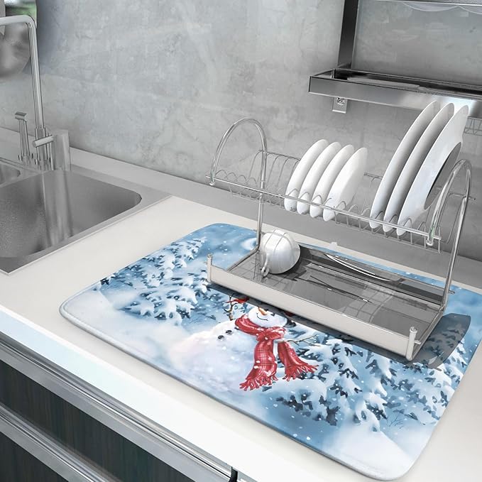Blue Snowman Dish Drying Mat Winter Pine Tree Drainer Rack Mats 18x24 Inch Absorbent Fast Dry Dish Pad Protector Kitchen Counter Accessories