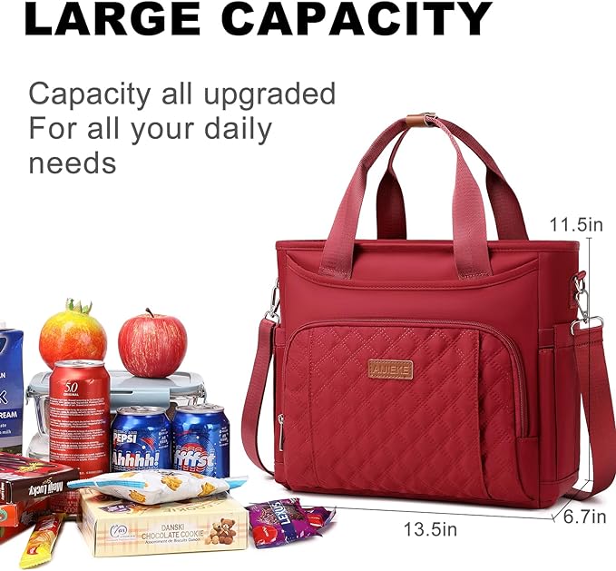 AIJIEKE Insulated Lunch Bag for Women, Lunch Box, Lunch Tote for Work, Large Leak Proof Cooler Bag with Removable Strap, Reusable Adult Lunchbag, Picnic, Office, Beach, Red